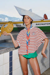 Red Summer In The Tropics Stripes T-Shirt & Scarf - FARM Rio OFF-WHITE
