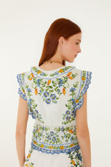 Off-White Emily Floral Tapestry Drawstring Blouse - FARM Rio EMILY FLORAL TAPESTRY OFF-WHITE