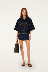 Dark Denim Wavy Hem Short Sleeve Shirt - FARM Rio DENIM