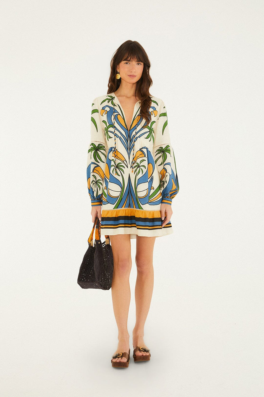 Sand Tropical Graphic Lace Ruffled Mini Dress - FARM Rio TROPICAL GRAPHIC