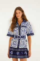 Off-White Porcelain Garden Euroflax Premium Linen Mini Dress - FARM Rio PORCELAIN GARDEN OFF-WHITE
