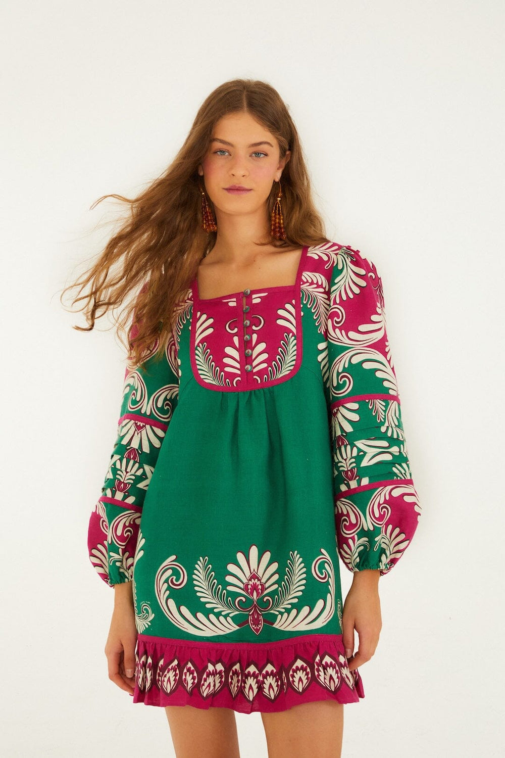 Multicolor Spring Arabesc Long Sleeve Euroflax Premium Linen Mini Dress - FARM Rio SPRING ARABESC MULTICOLOR