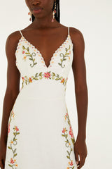 Off-White Flower Embroidery Asymetric Hem Midi Dress - FARM Rio OFF-WHITE