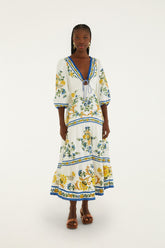 Off-White Emily Floral Tapestry Drawstring Midi Dress - FARM Rio EMILY FLORAL TAPESTRY OFF-WHITE