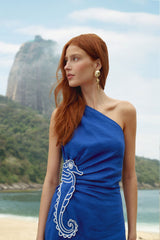 Blue Seahorse Embroidery One-Shoulder Euroflax Premium Linen Maxi Dress - FARM Rio BLUE