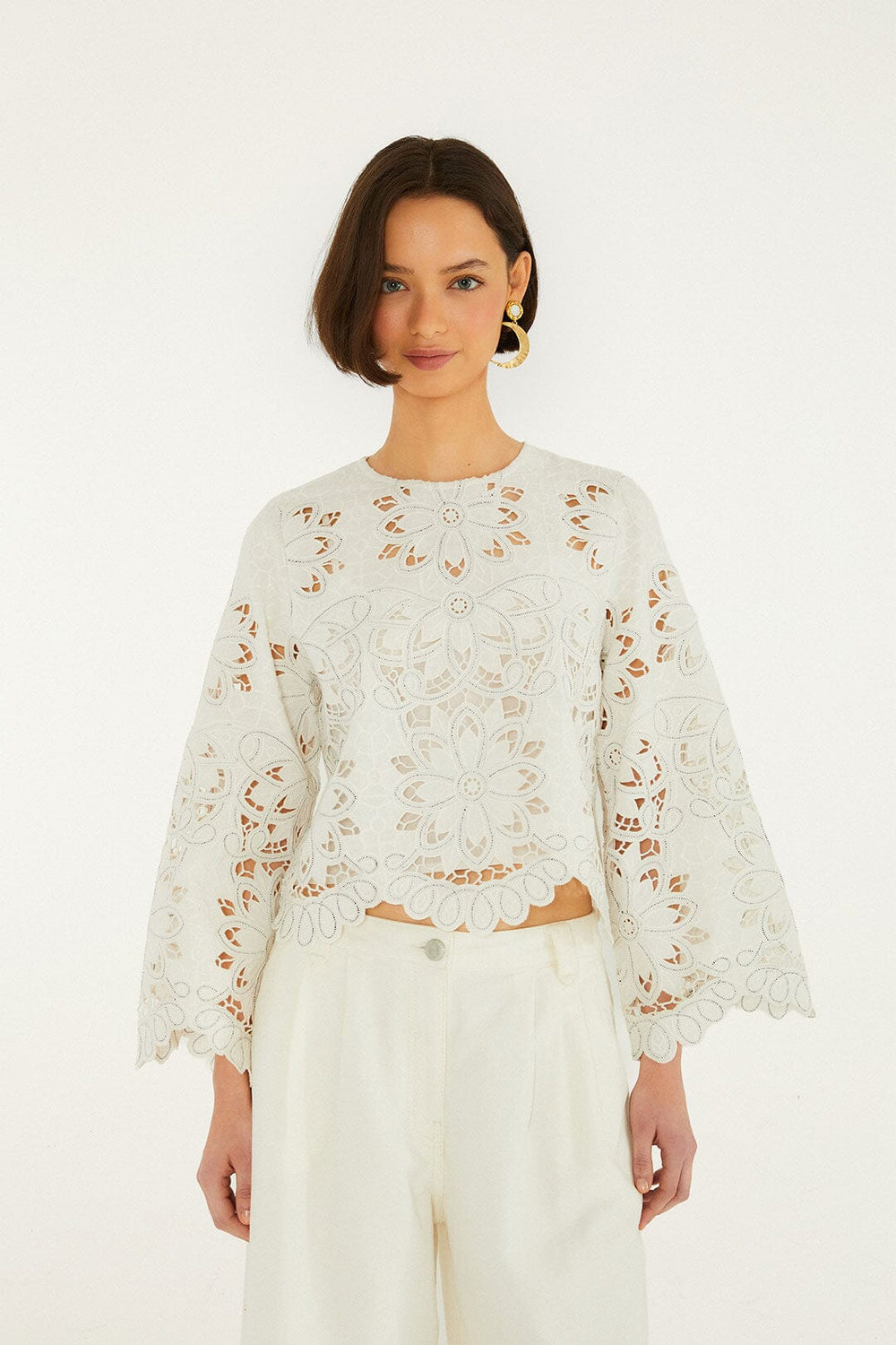 Off-White Flowers Richelieu Long Sleeve Blouse - FARM Rio OFF-WHITE