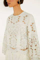 Off-White Flowers Richelieu Long Sleeve Blouse - FARM Rio OFF-WHITE