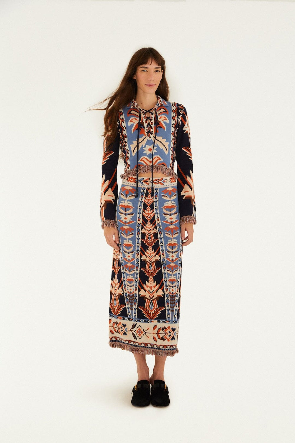 Multicolor Tapestry Fringes Knit Skirt - FARM Rio EMBROIDERED TAPESTRY BLUE