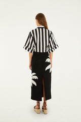 Black Embroidered Palm Tree Euroflax Premium Linen Maxi Skirt - FARM Rio BLACK