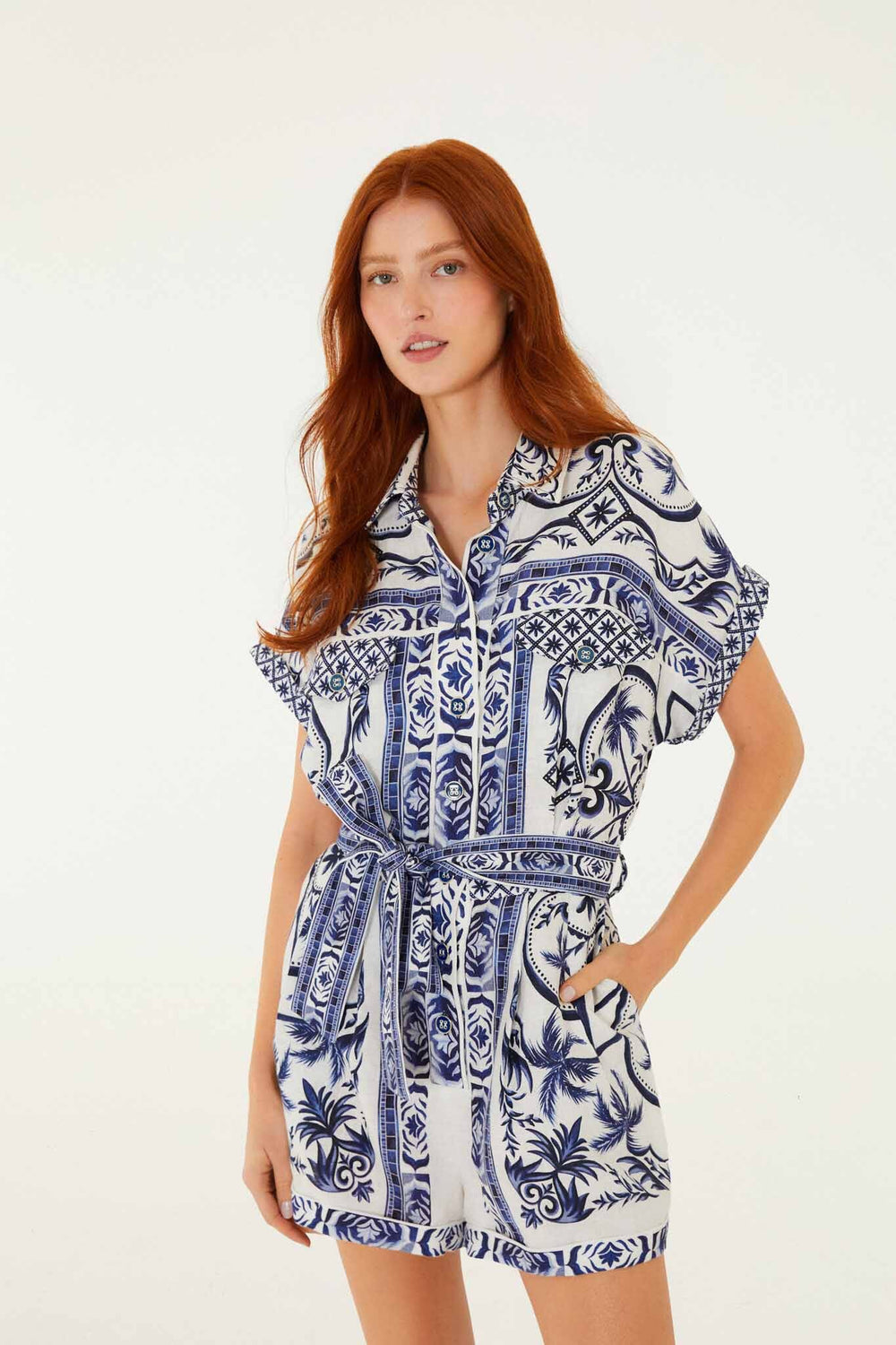 Off-White Wonderful City Belted Euroflax Premium Linen Romper - FARM Rio WONDERFUL CITY OFF-WHITE