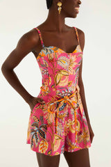 Pink Ligia Floral Drawstring Organic Cotton Romper - FARM Rio LIGIA FLORAL PINK