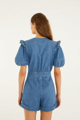 Denim Ruffled Puff Sleeve Romper - FARM Rio DENIM
