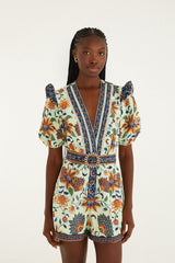 Light Green Floral Delhi Tapestry Belted Organic Cotton Romper - FARM Rio FLORAL DELHI TAPESTRY LIGHT GREEN