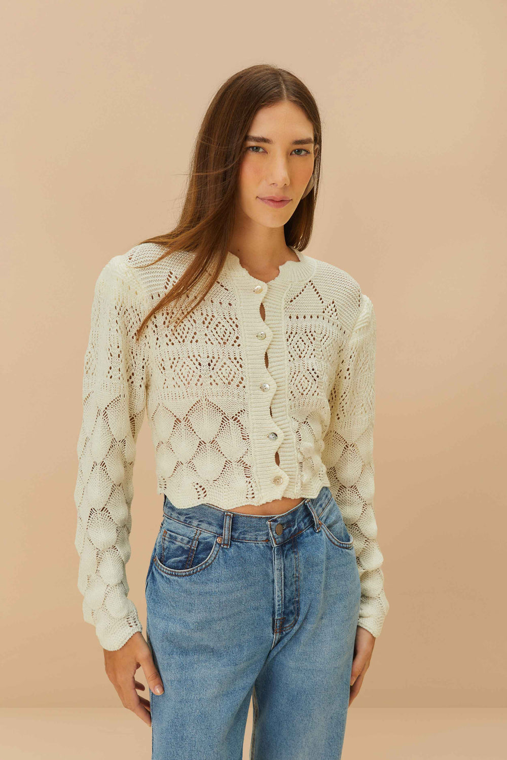 Off-White Mixed Lace Stitch Cardigan - FARM Rio OFF-WHITE