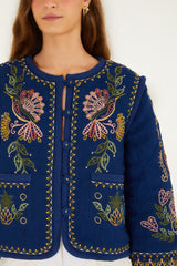 Dark Blue Embroidered Pockets Richelieu Jacket - FARM Rio DARK BLUE