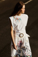 Off-White Birds On Branch Embroidered Organic Cotton T-Shirt - FARM Rio OFF-WHITE