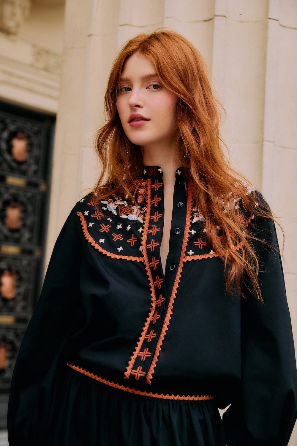 Black Embroidered Buttoned Long Sleeve Shirt - FARM Rio BLACK