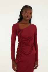 Burgundy 3d Flower Draped Long Sleeve Blouse - FARM Rio BURGUNDY