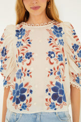 Sand Renata Floral 3d Puff Sleeve Blouse - FARM Rio RENATA FLORAL SAND