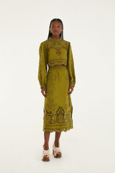 Green Majestic Garden Euroflax Premium Linen Richelieu Midi Skirt - FARM Rio GREEN