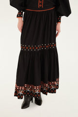 Black Embroidered Tiered Maxi Skirt - FARM Rio BLACK
