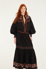 Black Embroidered Tiered Maxi Skirt - FARM Rio BLACK