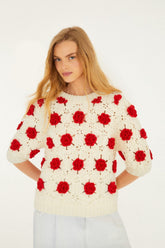 Red Flower Crochet Knit Blouse - FARM Rio OFF-WHITE