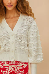 White Lace Stitch Knit Crop Cardigan - FARM Rio WHITE
