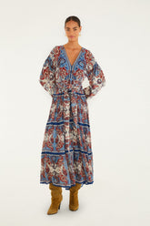 Blue Paisley Scarf Long Sleeve Maxi Dress - FARM Rio PAISLEY SCARF CREAM