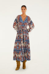 Blue Paisley Scarf Long Sleeve Maxi Dress - FARM Rio PAISLEY SCARF CREAM