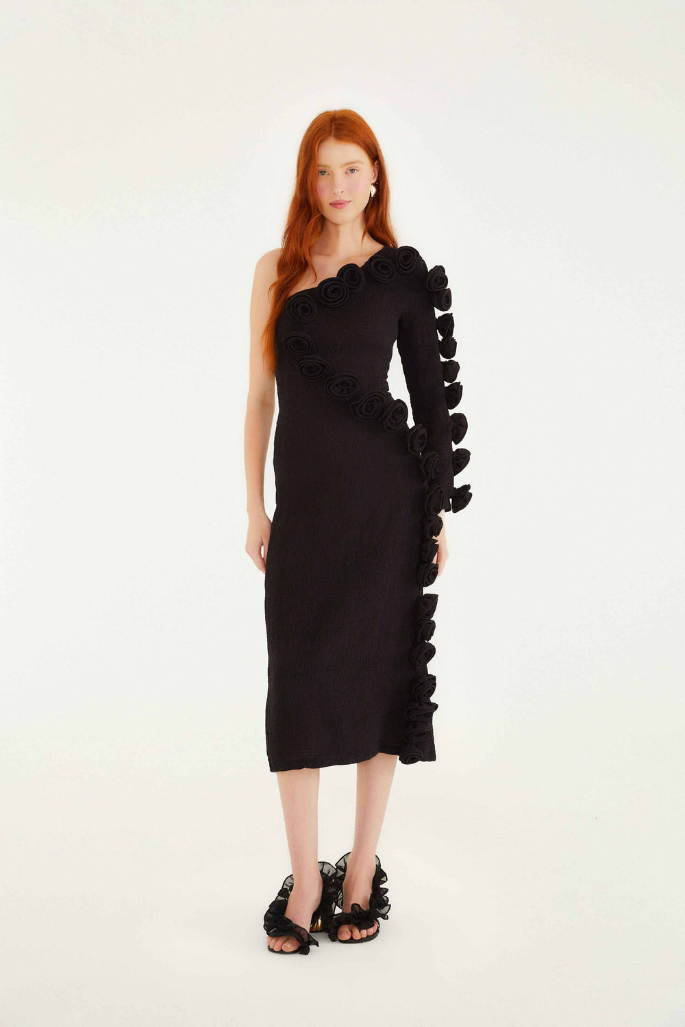 Black 3d Rose One-Shoulder Midi Dress - FARM Rio BLACK