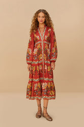 Red Garden Delight Long Sleeve Midi Dress - FARM Rio GARDEN DELIGHT RED