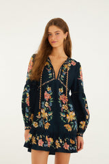 Dark Blue Maira Floral Lenzing Ecovero Euroflax Mini Dress - FARM Rio MAIRA FLORAL DARK BLUE