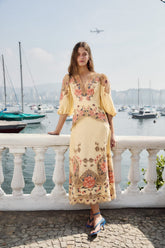 Butter Yellow Embroidered Lenzing Ecovero Euroflax Midi Dress - FARM Rio FLOWER POETRY SAND