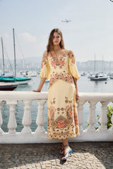 Butter Yellow Embroidered Lenzing Ecovero Euroflax Midi Dress - FARM Rio FLOWER POETRY SAND