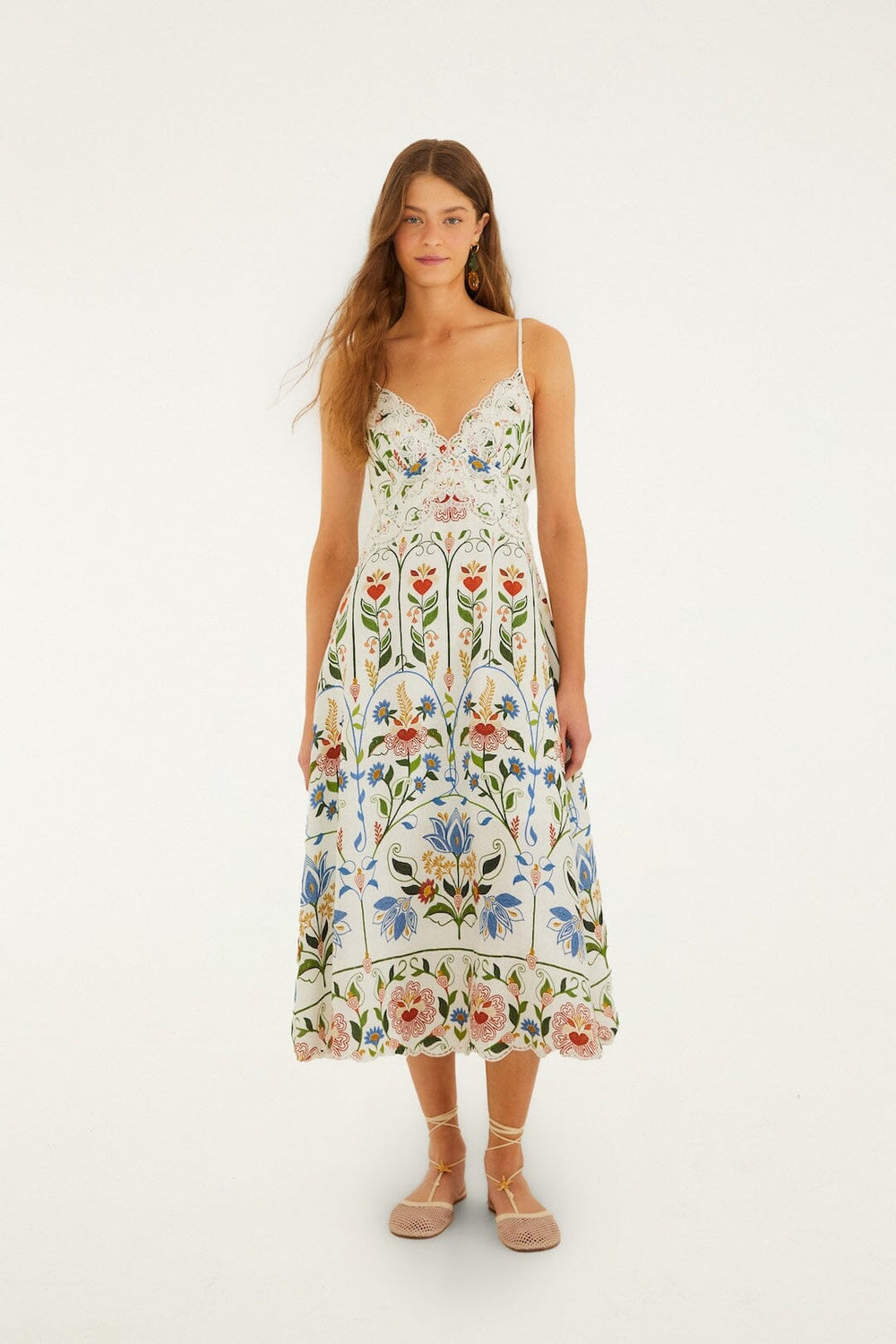 Off-White Stitched Garden Euroflax Premium Linen Midi Dress - FARM Rio STITCHED GARDEN OFF-WHITE
