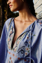 Blue Garden Tapestry Embroidered Long Sleeve Midi Dress - FARM Rio GARDEN TAPESTRY BLUE