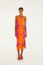Pinke Cutwork Euroflax Premium Linen Midi Dress - FARM Rio PINK AND ORANGE