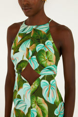 Green Anthurium Leaves Cut-Out Euroflax Premium Linen Midi Dress - FARM Rio ANTURIUM LEAVES GREEN