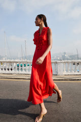 Red 3d Flower Euroflax Premium Linen Maxi Dress - FARM Rio RED