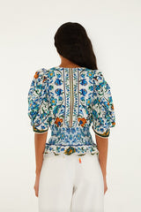 Off-White Flora Tile Smocked Organic Cotton Blouse - FARM Rio FLORA TILE OFF-WHITE