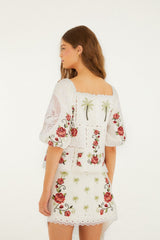 Off-White Tropi Scarf Embroidered Organic Cotton Blouse - FARM Rio TROPI OFF-WHITE SCARF