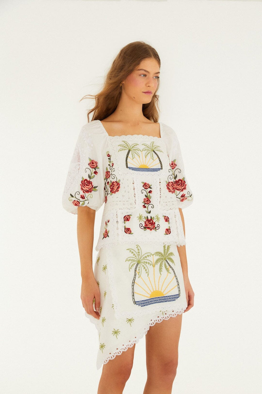 Off-White Tropi Scarf Embroidered Euroflax Premium Linen Mini Skirt - FARM Rio TROPI OFF-WHITE SCARF