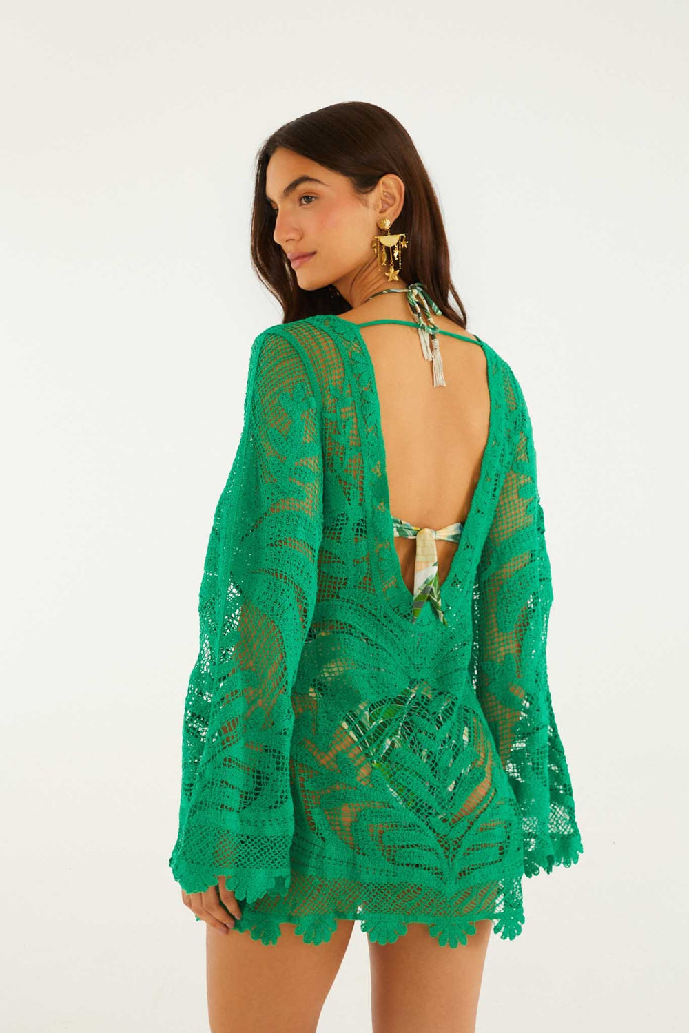 Green Richelieu Open Sheer Back Mini Dress - FARM Rio MARTINA TAPESTRY