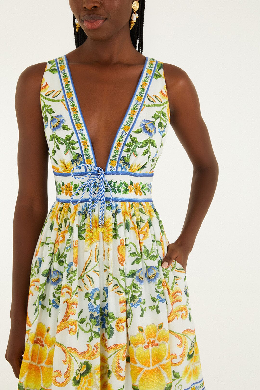Off-White Emily Floral Tapestry Rope Ties Midi Dress - FARM Rio EMILY FLORAL TAPESTRY OFF-WHITE