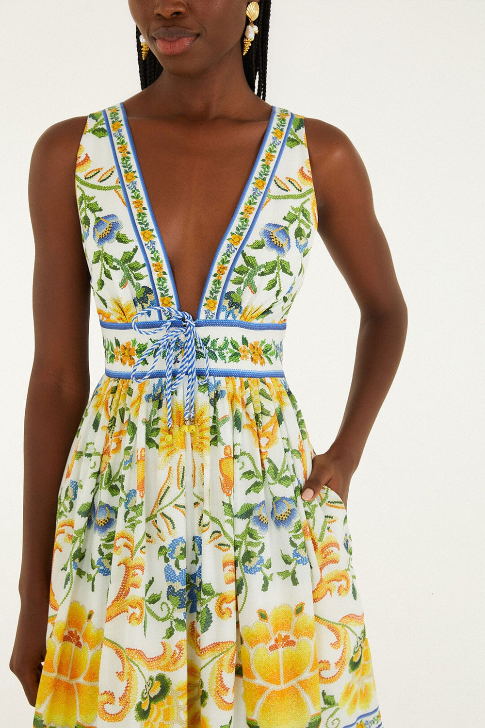 Off-White Emily Floral Tapestry Rope Ties Midi Dress - FARM Rio EMILY FLORAL TAPESTRY OFF-WHITE