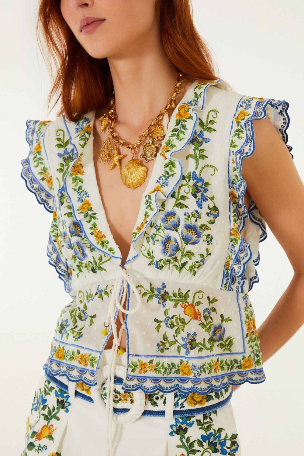 Off-White Emily Floral Tapestry Drawstring Blouse - FARM Rio EMILY FLORAL TAPESTRY OFF-WHITE