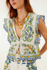 Off-White Emily Floral Tapestry Drawstring Blouse - FARM Rio EMILY FLORAL TAPESTRY OFF-WHITE