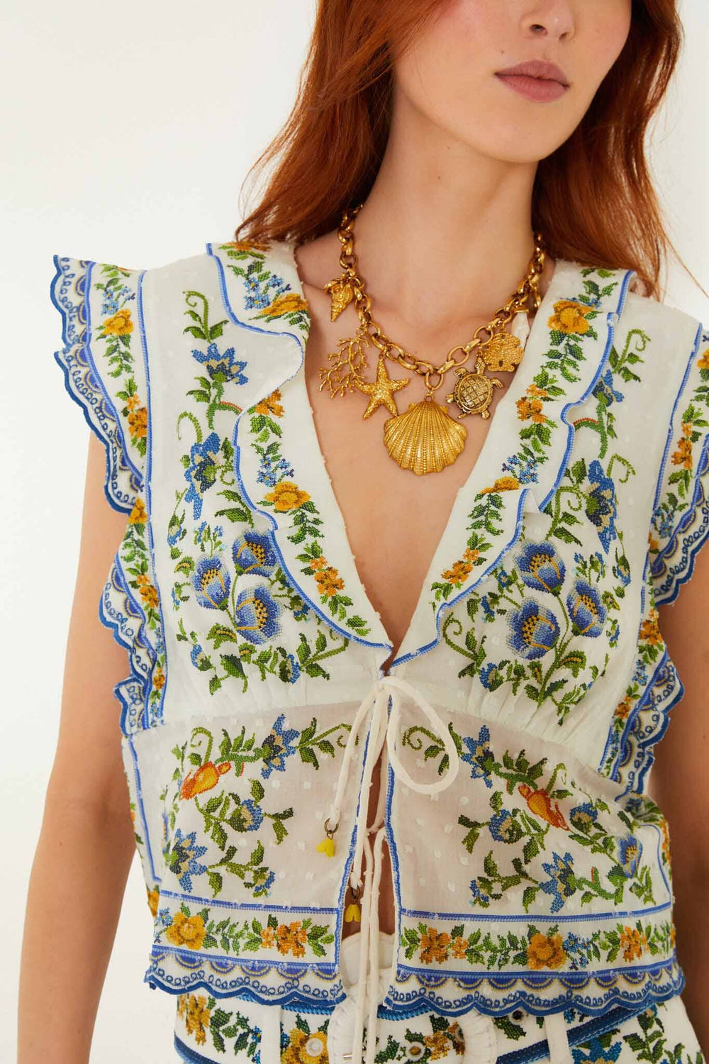 Off-White Emily Floral Tapestry Drawstring Blouse - FARM Rio EMILY FLORAL TAPESTRY OFF-WHITE