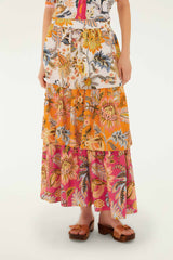 Multicolor Ligia Floral Mix Layered Lenzing Ecovero Euroflax Midi Skirt - FARM Rio LIGIA FLORAL MIXED